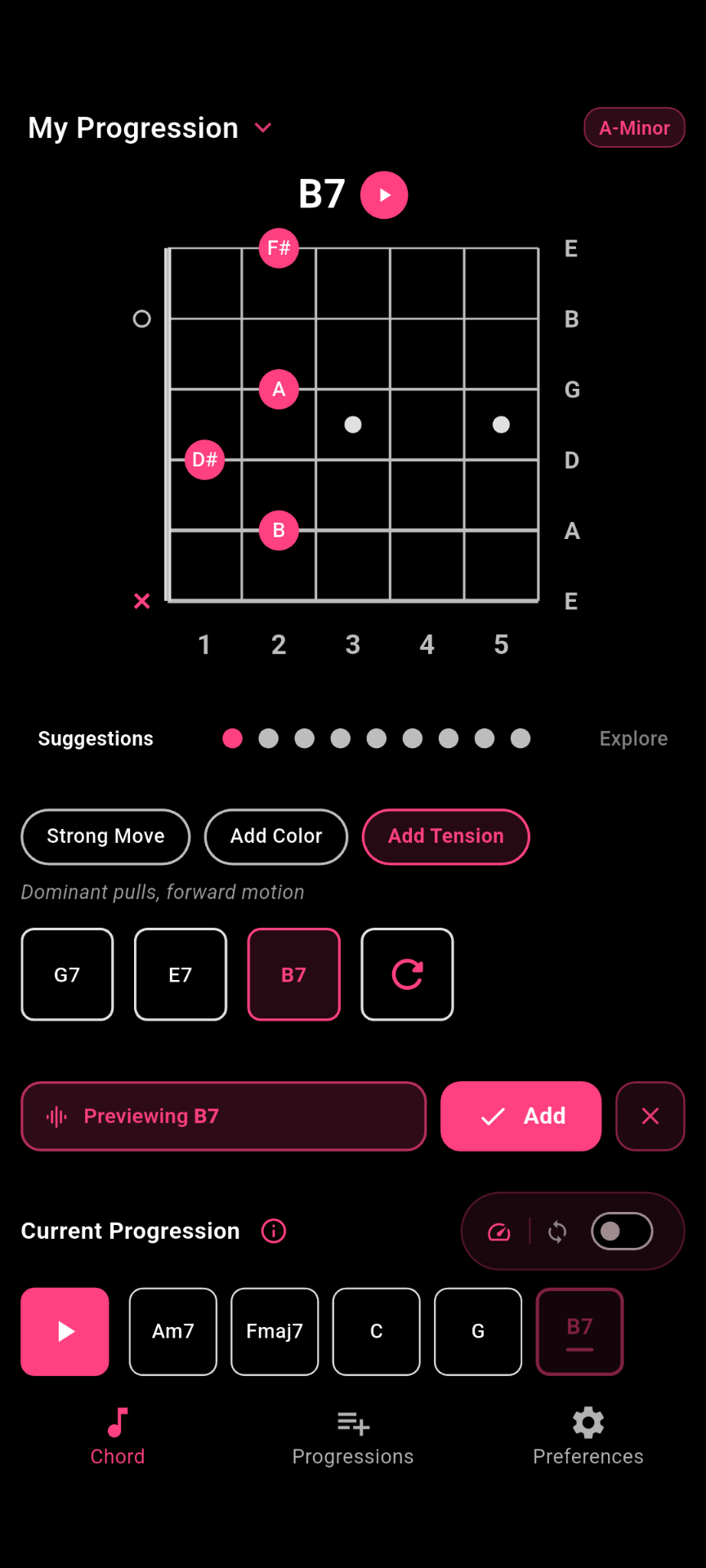 GuitarGuide previewing a B7 suggested next chord
