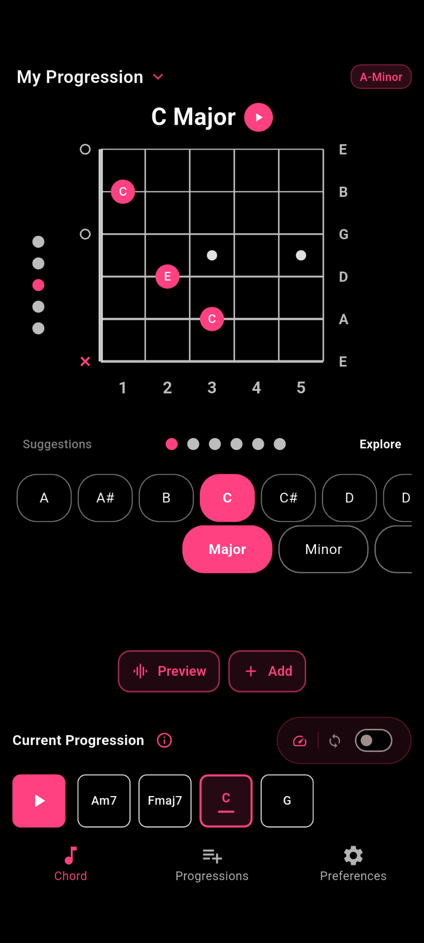 GuitarGuide chord explorer showing C major voicing options