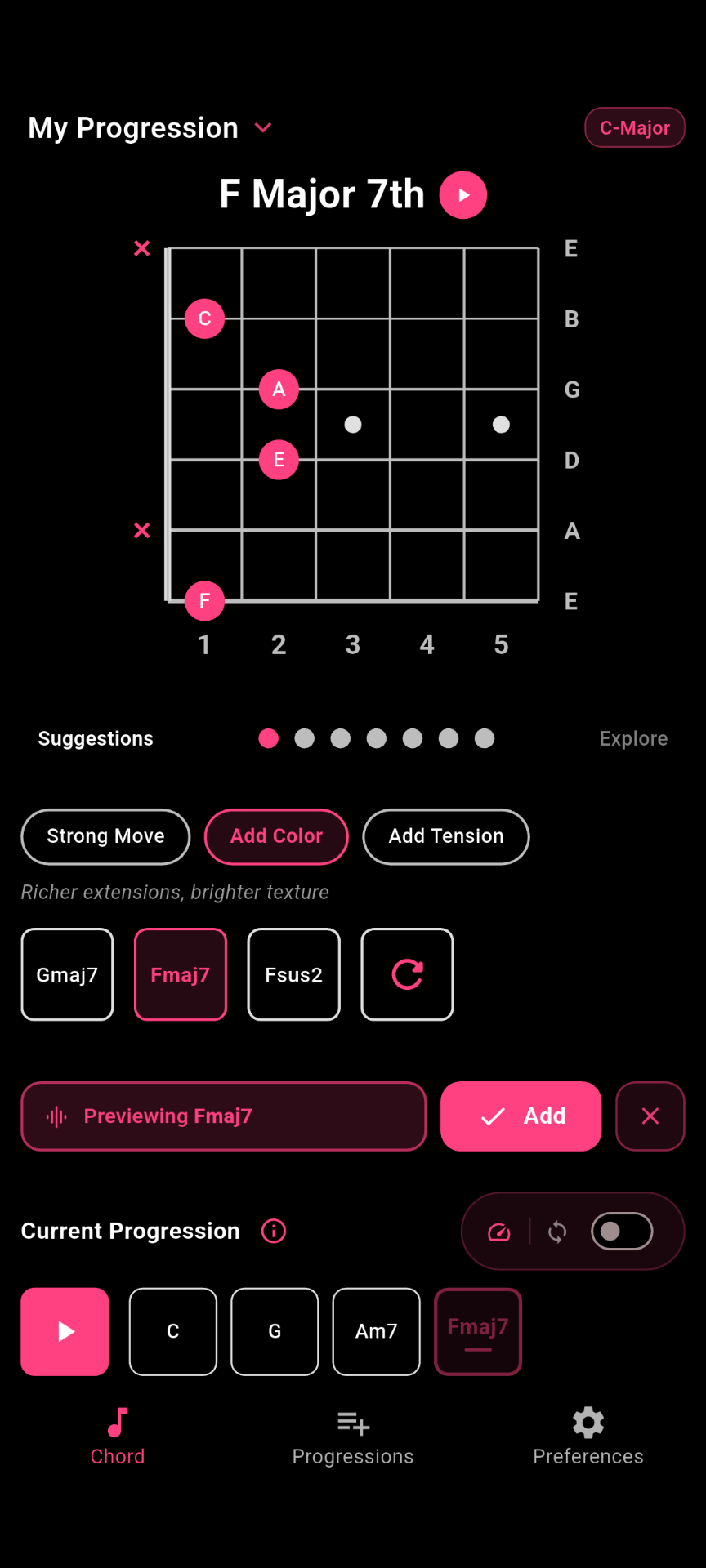 GuitarGuide progression builder showing the chord writing workflow