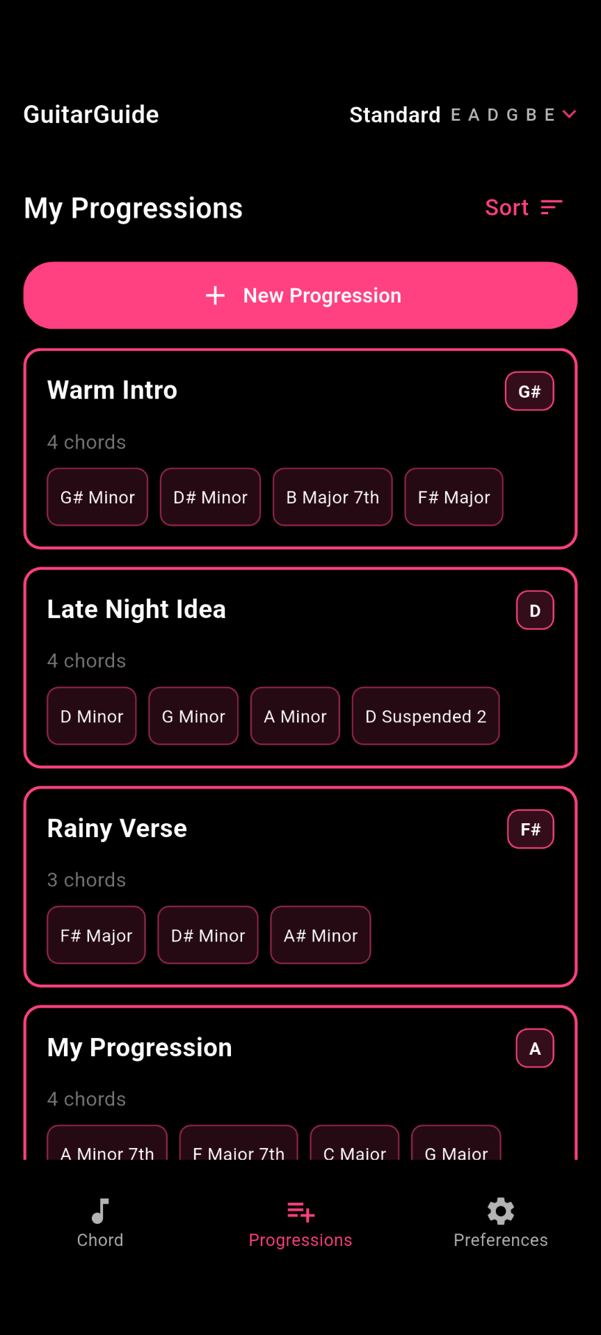GuitarGuide saved progressions list